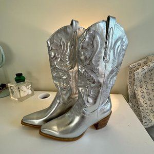 Silver Metallic Heeled Cowboy Boots - NWOT